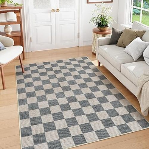 Machine Washable 5x7 Area Rugs for Living Room Checkered, Non Slip Soft Low Pile Geometric Modern Neutral Playroom Rugs for Bedroom Indoor, Large Carpet Rugs for Dining Room Kitchen(Grey, 5'x7')