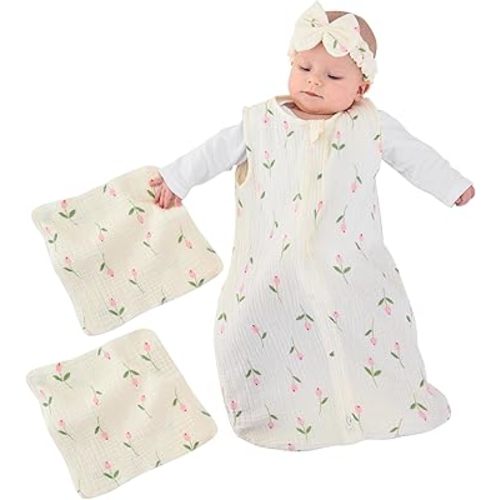 4 PCS Baby Girl Receiving Gifts Muslin Baby Sleep Sack 0-6 Months Wearable Blanket for Newborn Girls 25 by 18 Inches with Headband & 2 Burp Cloths, 100% Cotton, Floral Swaddle Transition Sack