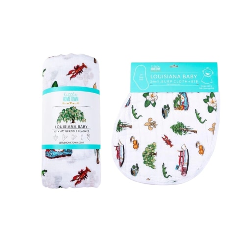 Louisiana Baby Gift Bundle: Bamboo Muslin Swaddle Blanket and Bib