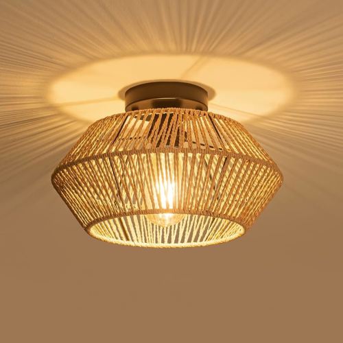 Rattan Light Fixtures Ceiling Mount, 12.6 Inch Boho Light Fixture with Hand-Worked Woven Cage Lampshade, Coastal Semi Flush Mount Ceiling Light for Bedroom Hallway Nursery Foyer, Black