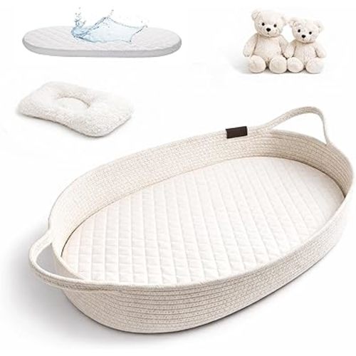 Baby Changing Basket with Waterproof Pad, Premium Cotton Rope Foldable Diaper Changing Mat for Dresser & Table, Breathable Moses Style Basket for Newborns, Nursery Decor with Safety Belt