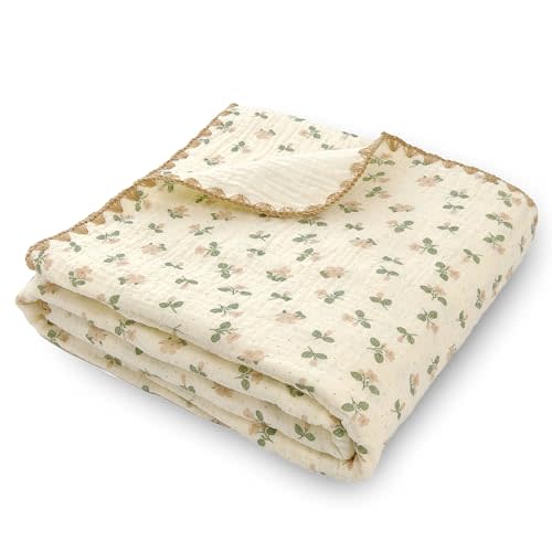 Double Layered 100% Cotton Muslin Baby Blanket Ultra-Soft 40x40 Inch Swaddling Nursery Crib Blanket (Flowers)