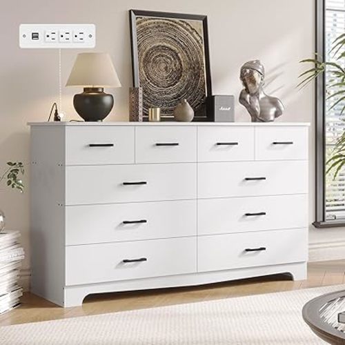 DICTAC White Dresser for Bedroom with 10 Drawers, Large Chest of Drawers Storage Organizer, Long Dresser TV Stand with Power Outlets, Wide Dressers for Bedroom, Living Room 55.1" W x 32.3" H x 15.8" D