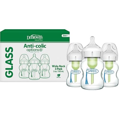 Dr. Brown's Natural Flow Anti-Colic Options+ Wide-Neck Glass Baby Bottles 5 oz/150 mL, with Level 1 Slow Flow Nipple, 3 Pack, 0m+