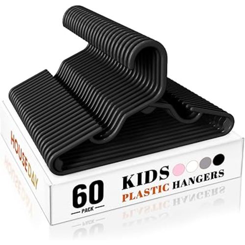 HOUSE DAY Premium Baby Hangers 60 Pack, 11 Inch Kids Plastic Hanger Black, Slim Childrens Hangers for Infant, Toddler, Child Clothes, Durable Baby Clothes Hanger for Closet
