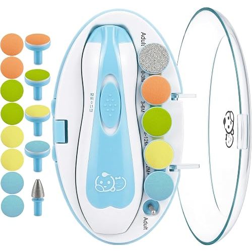 Royal Angels Upgraded 21 in 1 Baby Nail Trimmer with Labeled Case, 13 Extra Replacement Pads, Safe Electric Baby Nail File Kit for Newborns & Toddlers, Whisper Quiet Nail Clipper with LED Light (Blue)