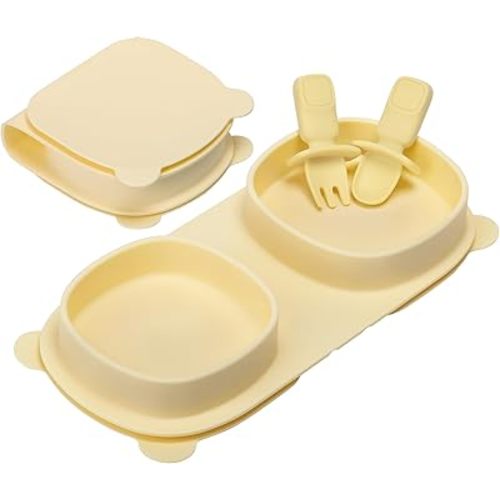 Baby Plates with Suction with Forks and Spoons,Foldable Silicone Toddler Plates,Baby Travel Essential,Microwave & Dishwasher Safe,Yellow