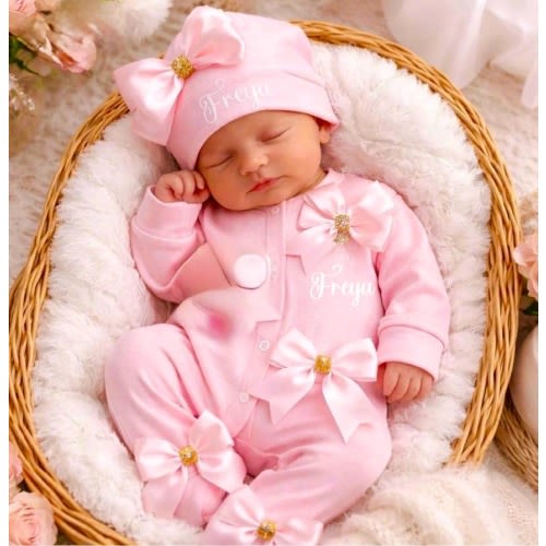 Newborn Baby girl a FULL SET is a sleepsuit Hat mitts headband. ADD a blanket or keepsake suitcase Personalised Printed 2nd pic is original