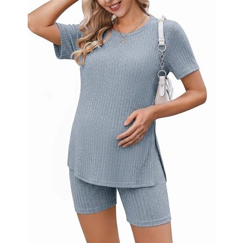 Ekouaer Maternity Sets 2 Piece Outfits Ribbed Knit Short Sleeve Shirts and Biker Shorts Pregnancy Loungewear Mama Clothes