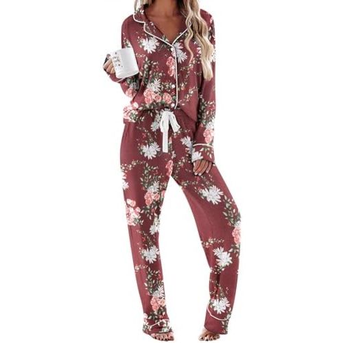 Ekouaer Women's Pajamas Long Sleeve Sleepwear Casual Button Down Loungewear Soft Pjs Set S-XXL