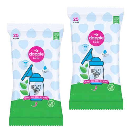 Dapple Breast Pump Wipes, Powered by Plants, Hypoallergenic, Removes Milk Residue, Fragrance Free, Convenient Wipes Pouch, 25 Count (2 Pack)