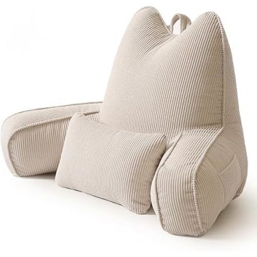 Patented Design Reading Pillow with Arms for Sitting Up, 2-in-1 Bed Rest Pillow with Detachable Lumbar Support, Backrest Support Cushion for Couch with Side Pockets & Handle, Beige Gray