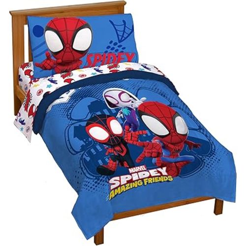 Jay Franco Marvel Spidey and His Amazing Friends Team Spidey 4 Piece Toddler Size Bed Set – Super Soft Microfiber - Includes Comforter & Sheet Set Bedding (Official Marvel Product)