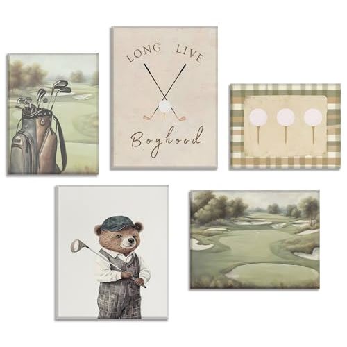 5Pcs Sports Nursery Wall Art Vintage Teddy Bear Posters Golf Boy Sports Wall Decor Kids Room Pictures for Boys Room Office Teen Room Home Decor Framed