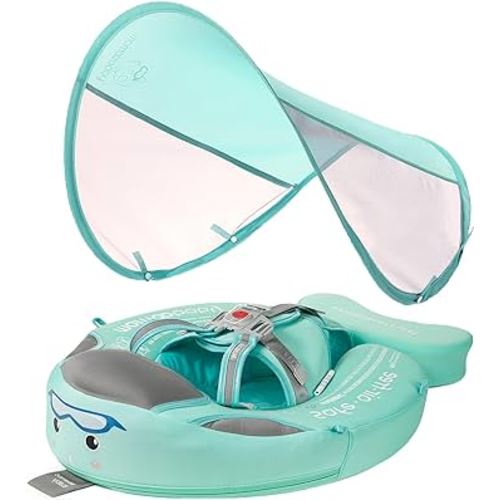 Mambobaby Float with Canopy Newest Baby Swimming Float Non Inflatable Baby Pool Float Upgraded Tail Infant Swim Trainer Water Float for Toddler Infant 3-24 Months No Flip Over, Green