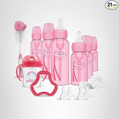 Dr. Brown's Natural Flow Anti-Colic Options+ Special Edition Pink Baby Bottle Gift Set with Soft Sippy Spout Transition Cup, Flexees Teether, Bottle Cleaning Brush and Travel Caps