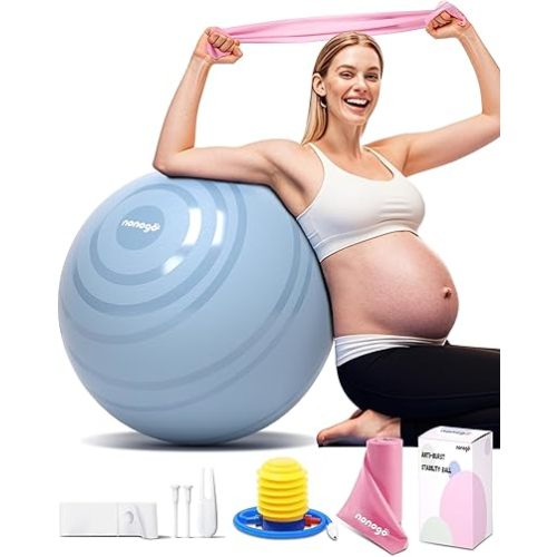 nonogo Birthing Ball for Pregnancy with Resistance Bands- Exercise Ball for Working Out, Yoga, Physical Therapy, Maternity Physio, Balance Stability Ball with Pump