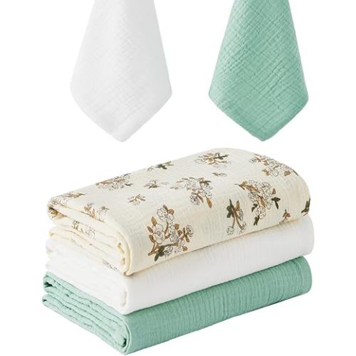 5 Pack Muslin Swaddle Blankets & Baby Burp Cloths, Soft & Breathable Cotton Baby Blankets, Receiving Blankets for Newborn, Nursery Infant Essentials, Swaddling Wrap for Unisex (Sage Green & White)