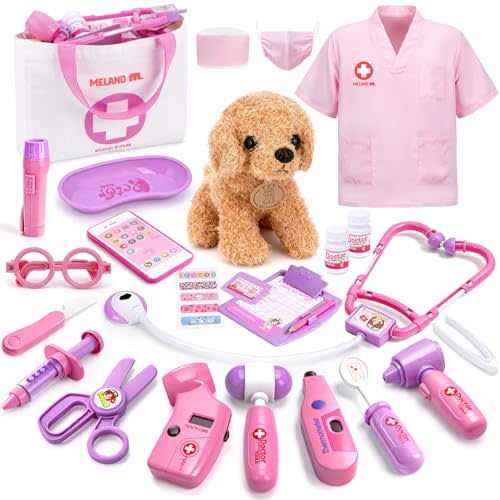 Meland Toy Doctor Kit for Girls, Pretend Play Toy Doctor Set with Dog , Carrying Bag, Stethoscope & Dress Up Costume Gift for Kids Toddlers Ages 3 4 5 6 Year Old for Role Play