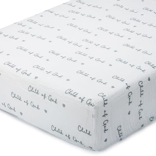 LollyBanks Muslin Crib Sheet 1 Pack, 100% Cotton Baby Crib Sheet for Boys and Girls, Soft and Breathable Neutral Baby Fitted Sheets for Standard 52"x28" Mattress, Registry (Child of God Print)
