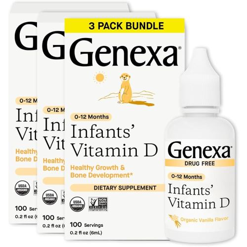 Genexa Infants Vitamin D Liquid Drops for Newborn, Baby & Toddler | Bone Development | Delicious Organic Vanilla Flavor | Certified Organic, Gluten Free, & Non-GMO | 270 Servings (3 Pack)