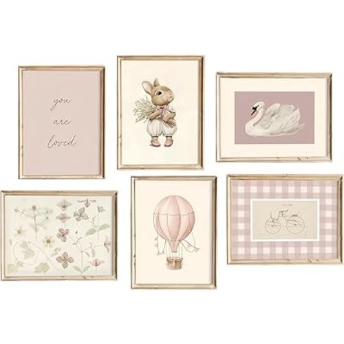 Vintage Girl Nursery Wall Art Decor Set of 6 Retro Pink Bunny Canvas Wall Decor Baby Girl Room Poster Nursery Animal Floral Prints Cute Rabbit Picture Kids Swan Flower Painting Artwork for Girls Room Bedroom Home Decor 8x10 Unframed