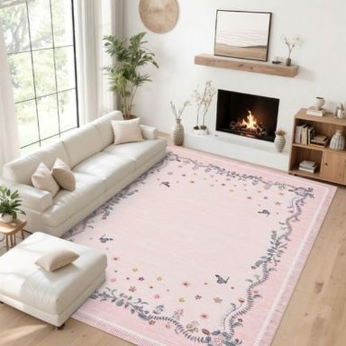 Pink 5'x7' Floral Border Area Rug, Washable Soft Botanical Butterfly Rug, Non Slip Low Pile Carpet for Living Room Bedroom Home Office Dining Room