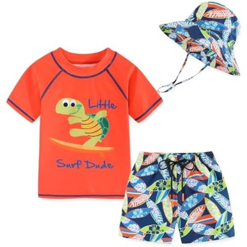 Toddlers Baby Boys' 3-Piece Swimsuit Trunk Rashguard Set and Sun Hat Swimwear Bathing Suit UPF 50+