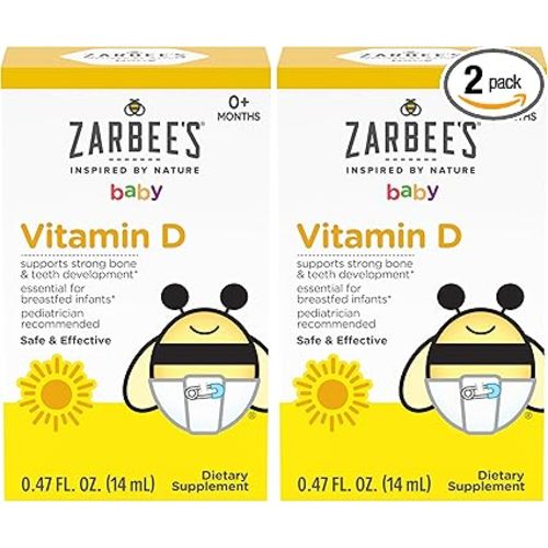 Zarbee's Vitamin D Drops for Infants,400IU (10mcg) Baby & Toddler Liquid Supplement,Newborn & Up,Dropper Syringe Included,0.47 Fl Oz,(Pack of 2)