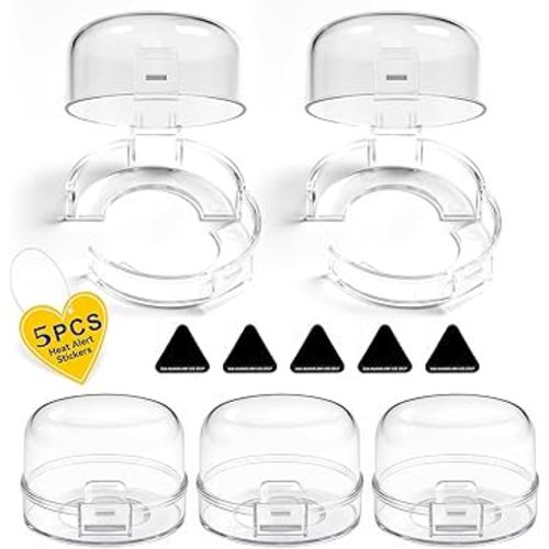 Stove Knob Safety Covers, 5Pcs Fits 90% Oven/Stove 5 Heat Alert Stickers Oven Knob Covers for Child Safety, 2nd Gen Kitchen Burner Childproofing, Gas Stove Knob Locks for Kid Baby Pet (Clear)