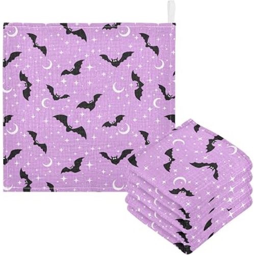 Halloween Bats Moons Baby Washcloths Newborn Muslin Burp Cloths 3 Pack Soft Cotton Baby Face Bath Towel Drool Bibs for Infants, Girls and Boys 11.8 x 11.8 Inch