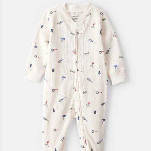 Baby Boy Construction Print Cotton Long-Sleeve Snug Fit Sleep & Play Pajamas - White | Carter's