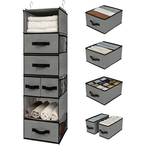 GRANNY SAYS Hanging Closet Organizer 6 Shelves, Closet Organizers and Storage with 5 Drawers, 6 Side Pockets Closet Hanging Organizer, Hanging Storage Organizer for Closet, Baby Clothes, Gray