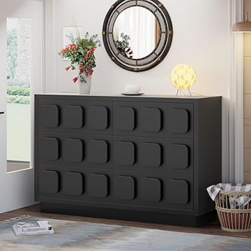 Anbuy Black 47.2 in 6 Drawer Dresser Wide Chest of Drawers - Large Chest of Drawers for Bedroom & Living Room, Organizer Storage Cabinet with Chocolate Block Handles for Closet (Black)
