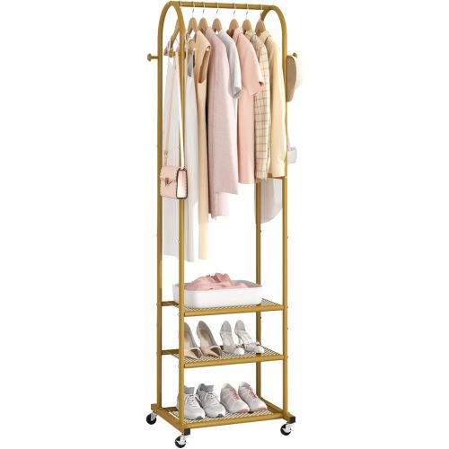 Kaitiemoo Heavy Duty Clothing Rack with Wheels,Modern Garment Rack with 3 Metal Shelves, 71.8Inches Display Rack for Hanging Clothes, Hanging Rod for Small Space,Gold