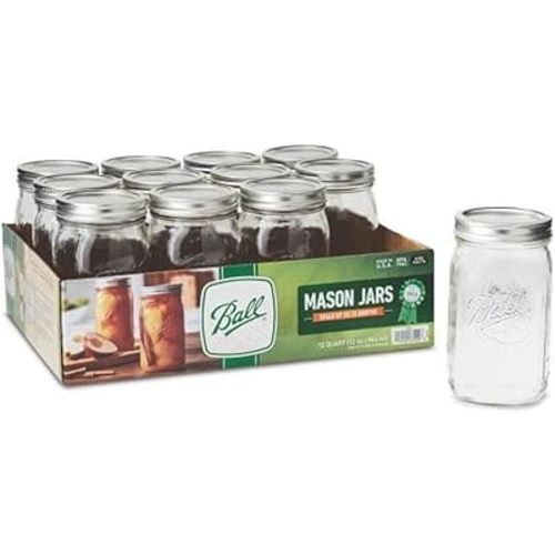 Ball - 32oz Wide Mouth Jars with Lids & Bands 12 Pack Jars, Large Glass Mason Jar for Food Storage with airtight Lid, 0.25 Gallon Glass Jar with Lid and Bands, Set of 12