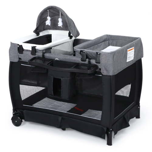 LINLUX Pack and Play w/ Bassinet & Changing Table, Baby Playard for Toddler, Newborn Crib Baby Bed,Black