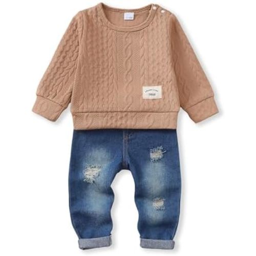 NZRVAWS Toddler Baby Boy Clothes Pullover Sweater Ripped Jean Sweatsuit Little Boy Outfit Fall Winter Clothing Set 6M-7T