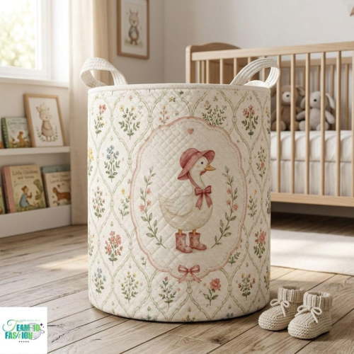 Floral Goose Quilted Laundry Basket, Cottagecore Storage Bin, Vintage Farmhouse Hamper, Cute Nursery Room Decor Organizer Gift