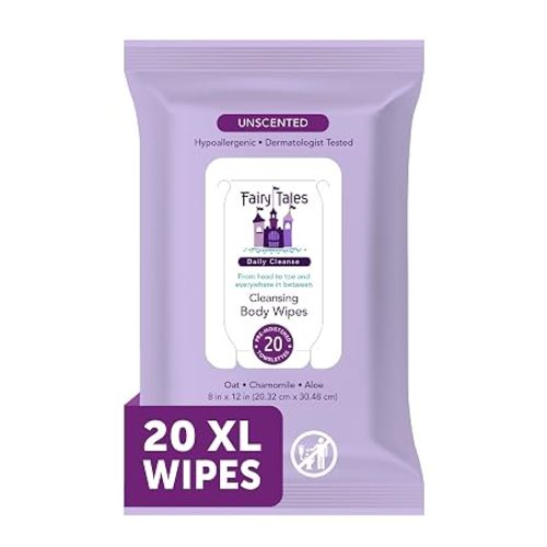 Fairy Tales Daily Cleanse XL Wipes for Kids – Extra Large Body Wipes, Gentle Disposable Washcloths, Unscented, Alcohol Free Cleansing Cloths - 20ct