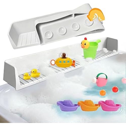 Bathtub Splash Guard for Kids Adult - 31IN Silicone Bath Tub Tray with 11 Suction Cups, Bathtub Accessories Bath Toy Holder Play Shelf , Bathtub Sink Side Splash Guard Tray, Gray