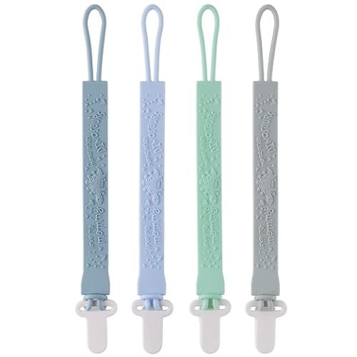 4-Pack Silicone Pacifier Clips with One-Piece Beads for Baby Boys and Girls - Flexible and Rust-Free Holders for Teething Relief and Baby Essentials, Safe for Newborns (Grey)