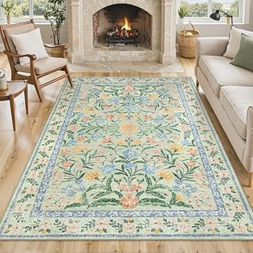 Lahome Boho Sage Green 6x9 Bedroom Rugs, Washable Rugs for Living Room, Soft Wool Carpet for Nursery, Vintage Low Pile Carpet for Kids Playroom Girls, Tea Green