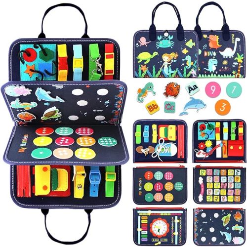 Montessori Busy Board & Busy Book for Toddlers – Sensory & Learning Toy that Keeps Kids Busy, Travel Toy for Airplane & Car, Screen for Boys & Girls (Blue/P4)