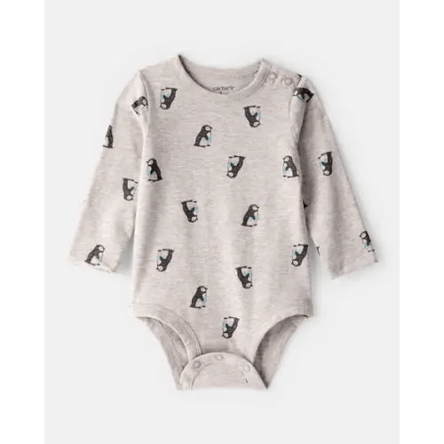 Baby Penguin Print Long-Sleeve Graphic Bodysuit - Grey | Carter's