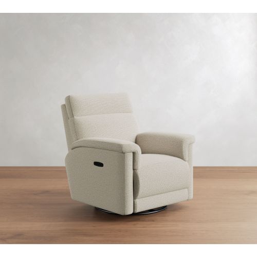 Dream Square Arm Upholstered Deluxe Power Swivel Recliner with Bronze Buttons, Down Blend Wrapped Cushions, Heathered Chenille Pebble