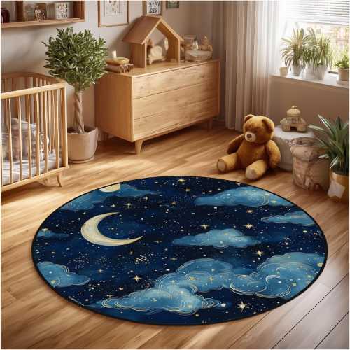 Round Moon and Stars Nursery Rug – Night Sky Baby Play Mat | Dreamy Cloud Theme Carpet | Soft Washable Non-Slip Kids Room Rug