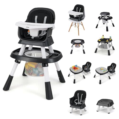 INFANS 9 in 1 High Chair, Convertible Baby Highchair for Babies and Toddlers, Table and Chair Set Building Block Infant Dining Booster Seat, Kids Stool with Activity Children Play Kitchen(Black)