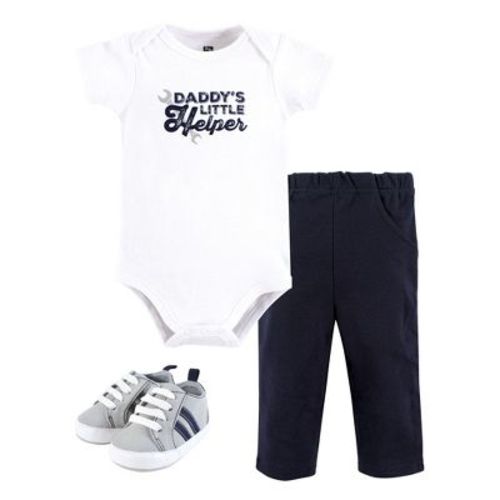 Hudson Baby Infant Boys Cotton Bodysuit, Pant and Shoe Set, Daddys Helper Watch, 9-12 Months