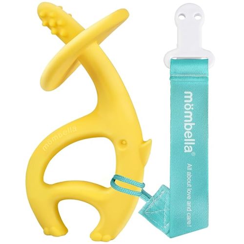 Teething Toys 3 Months+, Mombella Elephant Teethers for Babies with Strap to Clip on, Soft Silicone Teether Toys, 2 in 1 Teether & Pre-Training Toothbrush, 3 Month Old Infant Chew Toys, Yellow